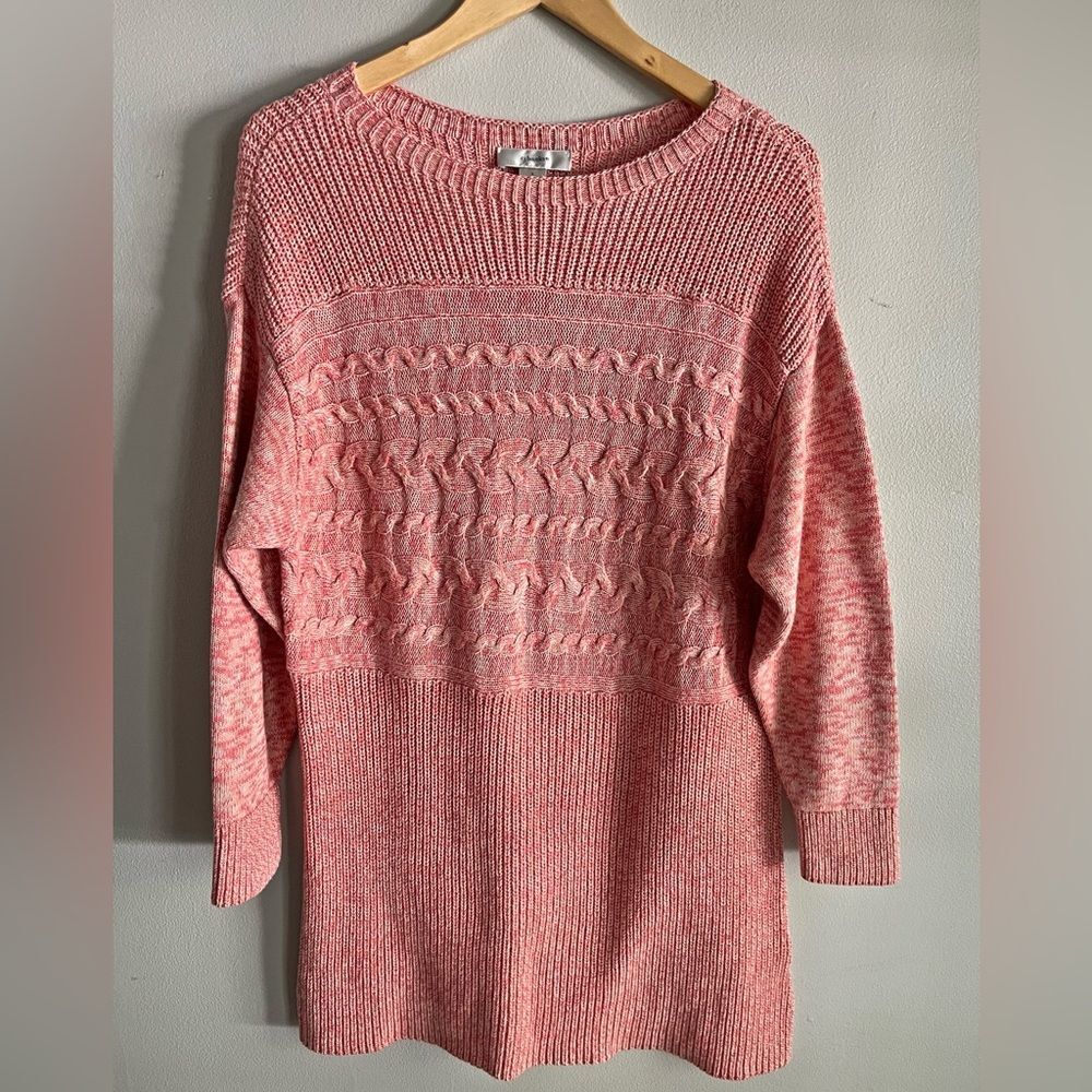 CJ Banks Pink Marled Knit Cable Sweater Tunic Pullover Relaxed Casual